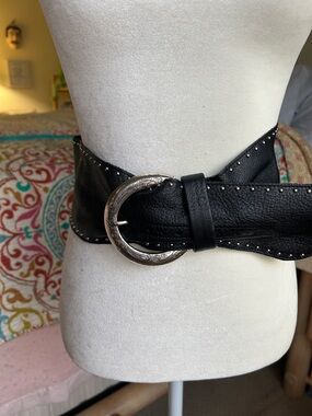 Brighton Black Leather Studded Belt with Engraved Silver Buckle
